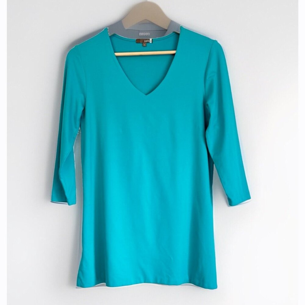 Judy P Teal Microfiber Tunic Top Women’s Small 3/4 Sleeve Coastal Minimalist